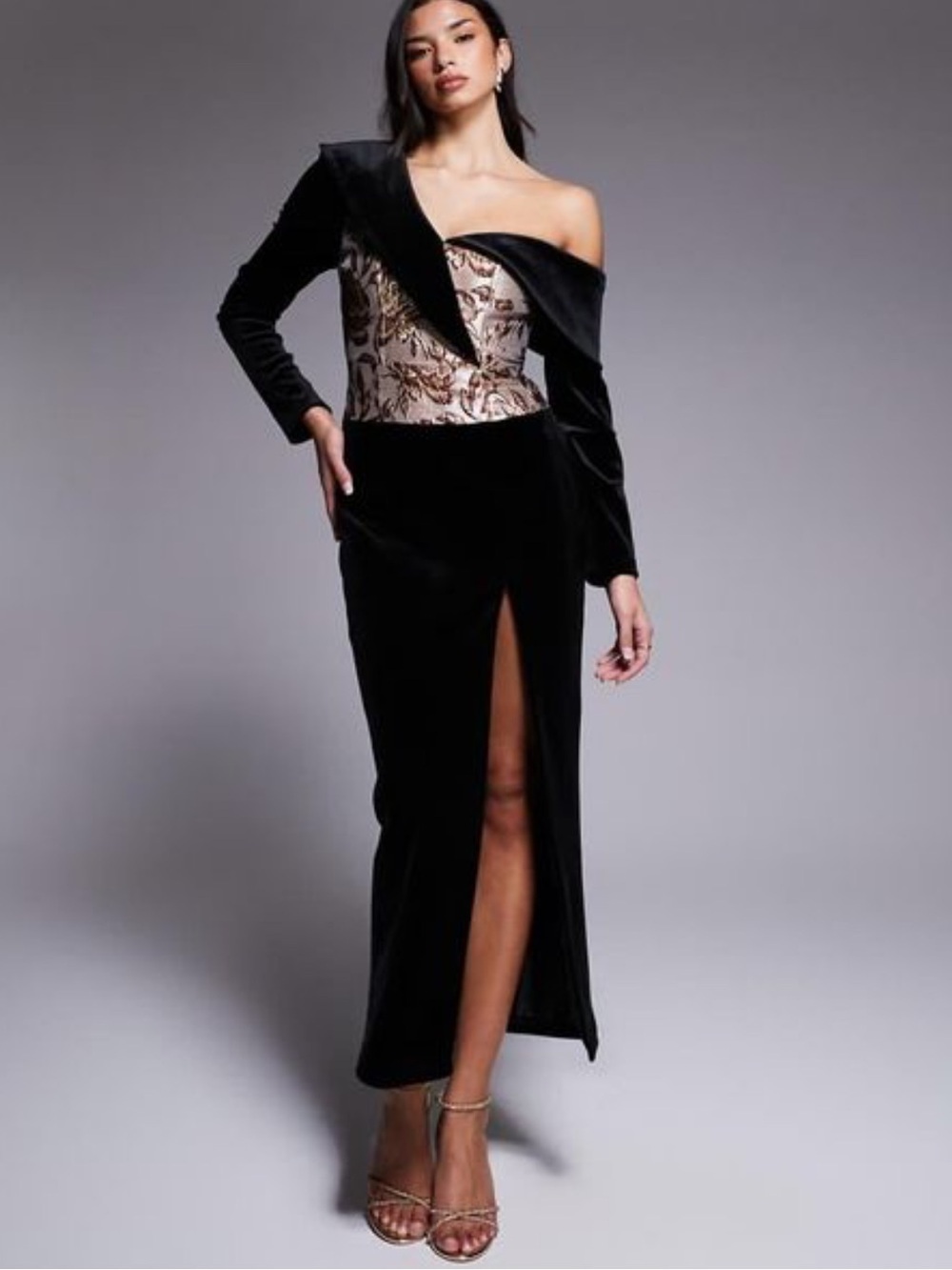 ASOS Luxe Black Velvet One-Shoulder Gown with Metallic Brocade Bodice
